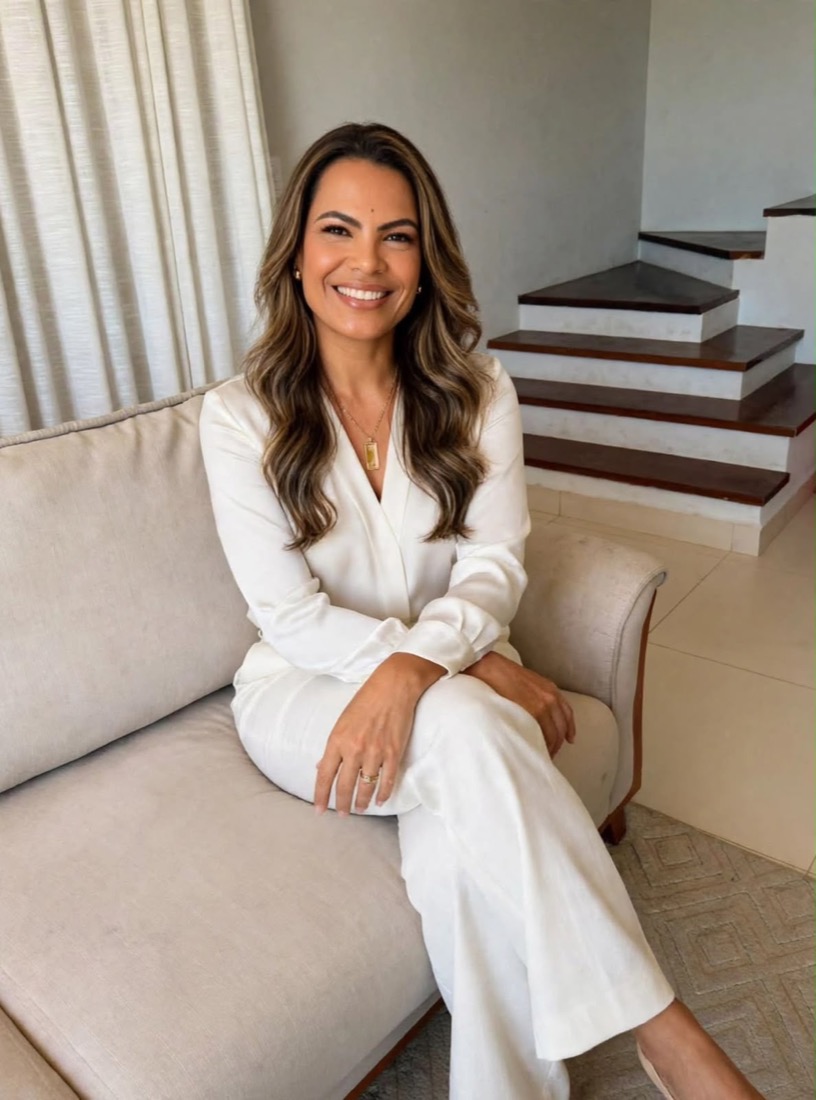Nara Braitt sorrindo, sentada no sofá da sala, de conjunto branco